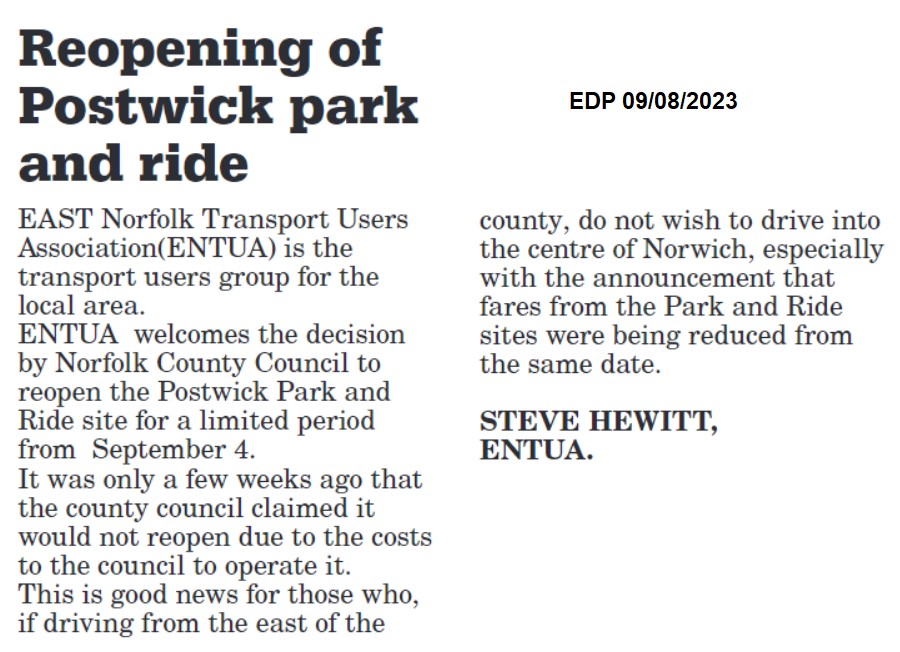 2023-08-09 Reopening of Postwick P and Ride welcomed